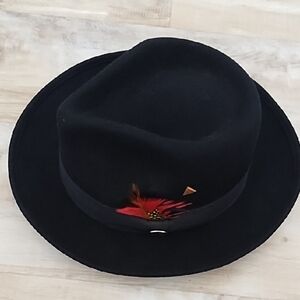 Denzel collection Black Fedora Hat with Red Feather Accent